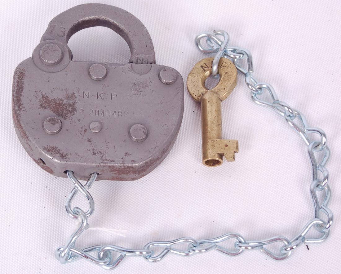 Adlake Nickel Plate Railroad lock and key set: Adlake Nickel Plate Railroad lock and key set Adlake Nickel Plate Railroad lock and key set. Lock body stamped with NKP. Key cover marked with Adlake, Clasp marked with 13262. Key marked NKP w/ Adlake