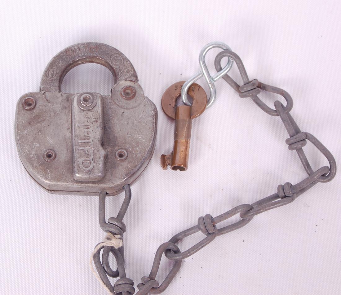 Adlake Missouri Pacific Railroad lock and key set: Adlake Missouri Pacific Railroad lock and key setAdlake Missouri Pacific Railroad lock and key set. Lock body stamped with MO PAC LINES. Key cover marked with Adlake, Clasp marked with Switch. Key mar