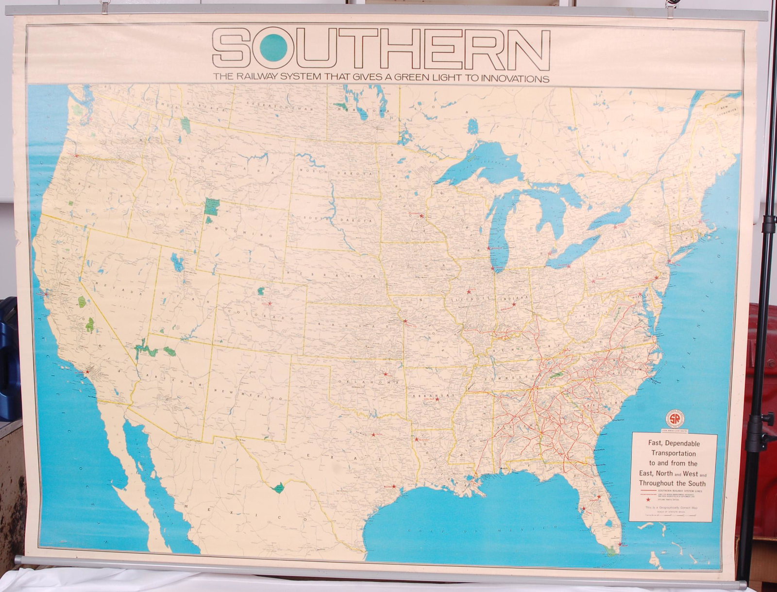 Southern Railroad 1976 Wall Map: Southern Railroad 1976 Wall Map Southern Railroad 1976 Wall Map. Measures 56" x 44". Small rip at the top corner and a few small pinholes in the center. Copyright date 1976.