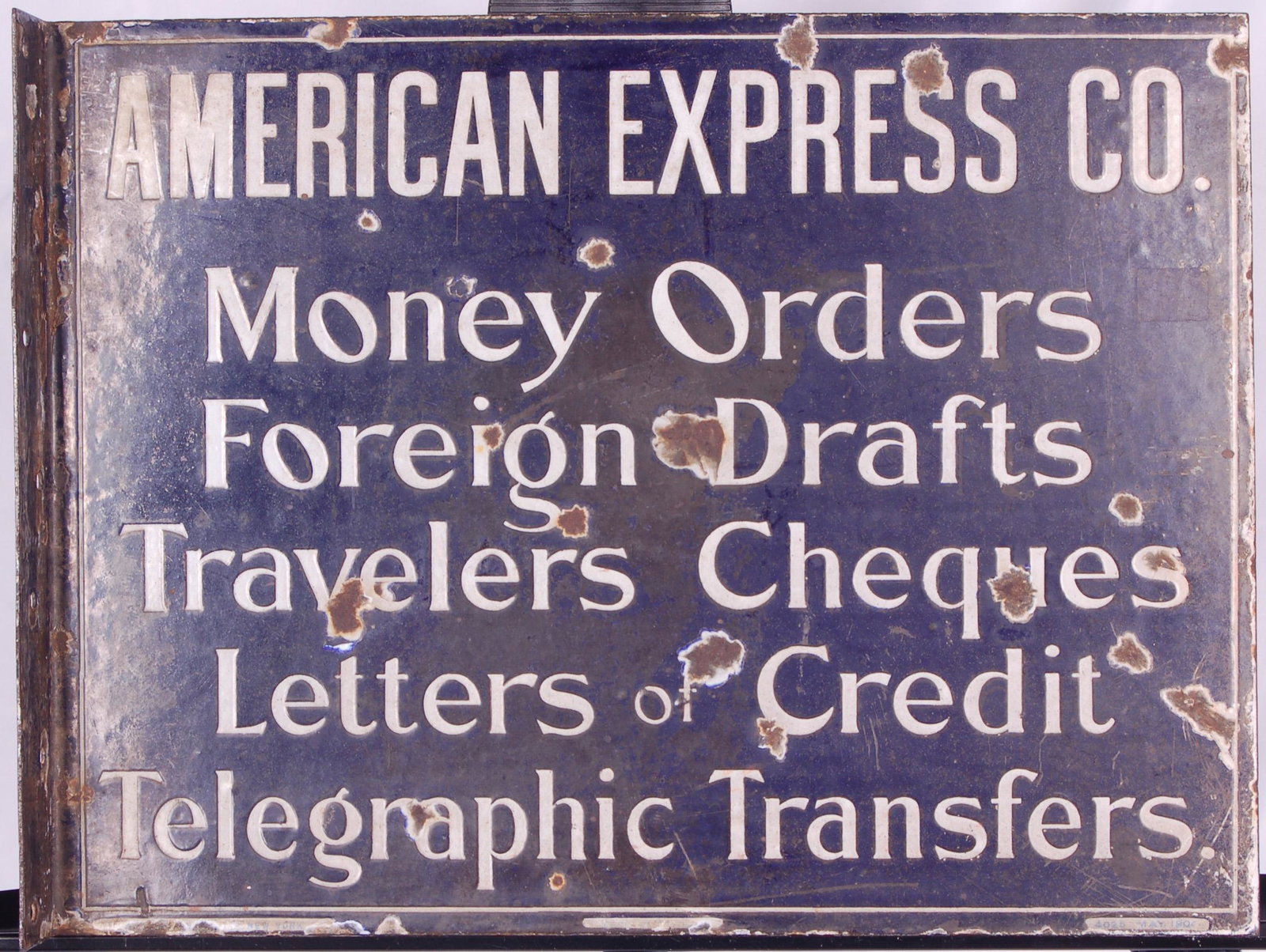 American Express Co. 1904 Porcelain Double Sided Flange: American Express Co. 1904 Porcelain Double Sided Flange Telegraph Sign American Express Co. 1904 Porcelain Double Sided Flange Telegraph Sign. Sign measures 17" x 13" with a 1 3/8" flan