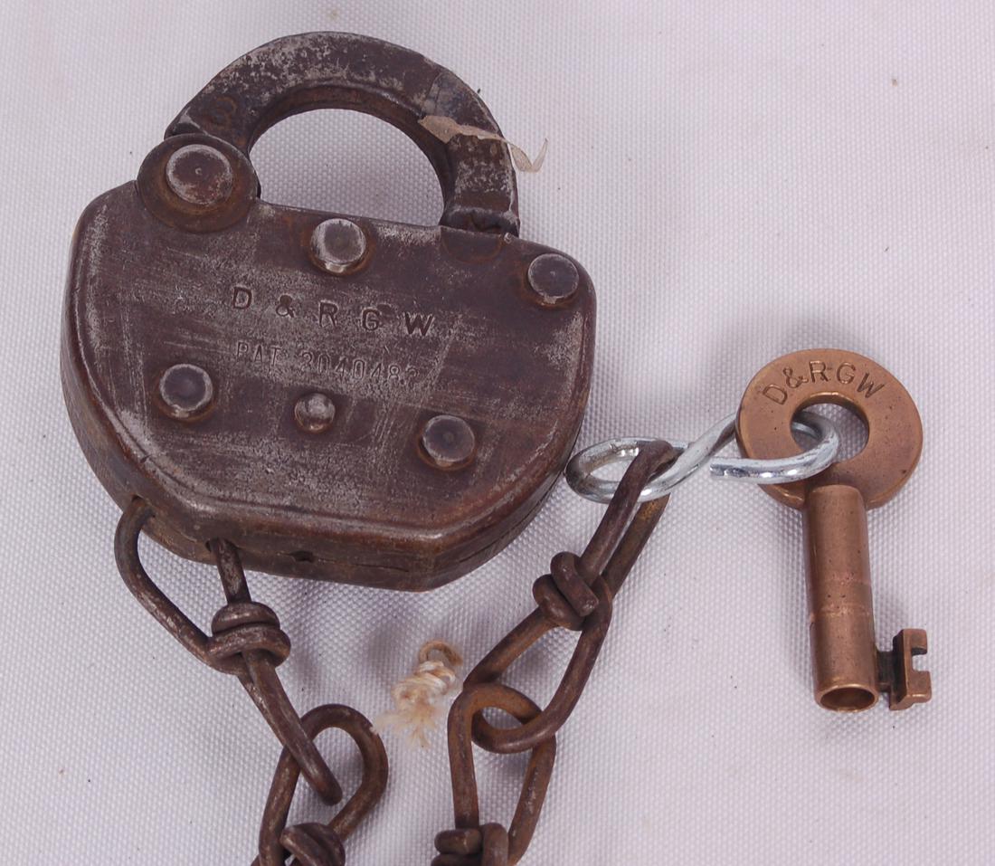 Adlake Denver Rio Grande & Western Switch Lock and Key: Adlake Denver Rio Grande & Western Switch Lock and Key Adlake Denver Rio Grande & Western Switch Lock and Key. Lock body stamped with D&RGW, front of the clasp has the number 3 stamped. Key front mark