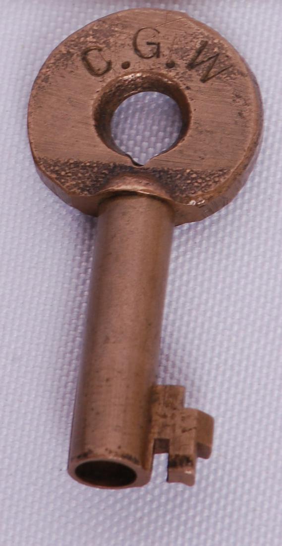 Chicago Great Western Railroad Adlake Switch Lock Key.: Chicago Great Western Railroad Adlake Switch Lock Key.Chicago Great Western Railroad Adlake Switch Lock Key. Stamped with C.G.W. on the front with Adlake on the reverse.