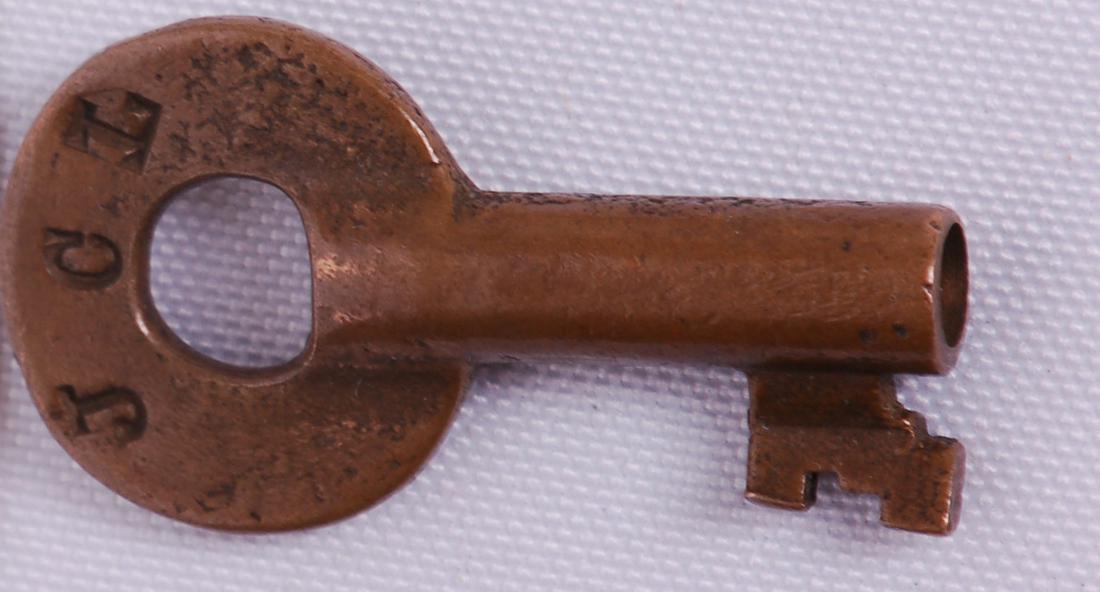 Jersey Central Lines Railroad Brass Railroad Switch: Jersey Central Lines Railroad Brass Railroad Switch Lock KeyJersey Central Lines Railroad Brass Railroad Switch Lock Key. Stamped with JCL on the front with a serial number of 23952 stamped on the rev