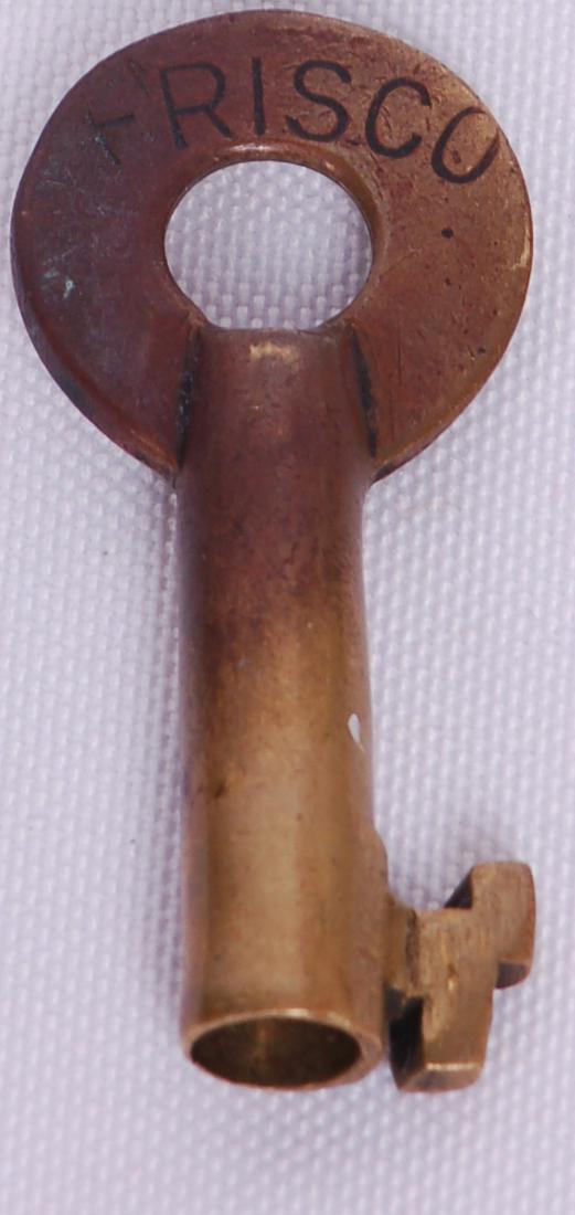 Frisco Railroad Brass Switch Lock Key: Frisco Railroad Brass Switch Lock KeyFrisco Railroad Brass Switch Lock Key. Stamped FRISCO on the front with "S" on the reverse. No makers mark.