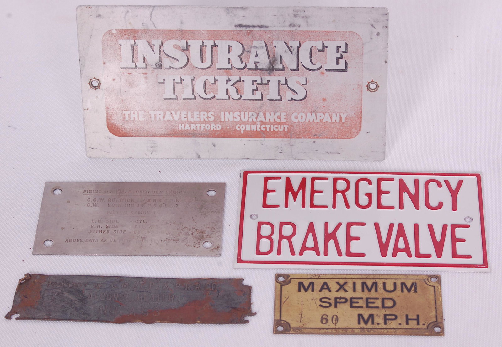 Group of Five Railroad Placards - Insurance Tickets,: Group of Five Railroad Placards - Insurance Tickets, Maximum Speed, Cylinder Firing Order, etc. Group of Five Railroad Placards - Insurance Tickets, Maximum Speed, Cylinder Firing Order, etc. Includes