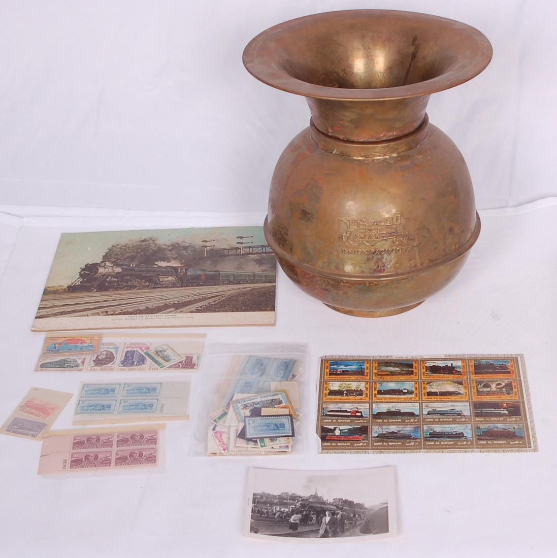 Group of misc. railroadiana - Union Pacific Spitton,: Group of misc. railroadiana - Union Pacific Spitton, Collection of Railroad Stamps, and More Group of misc. railroadiana including reproduction Union Pacific Spittoon, color CB&Q steam locomotive prin