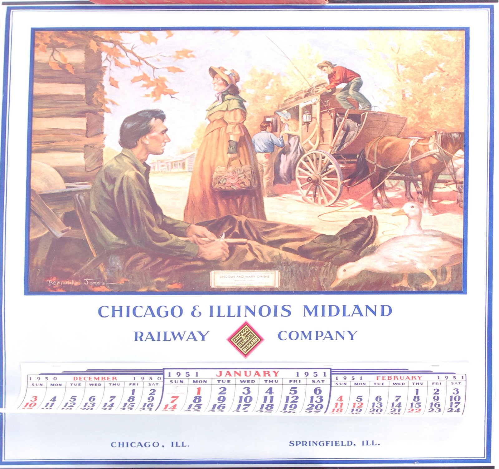 Chicago and Illinois Midland Railroad 1951 Calendar -: Chicago and Illinois Midland Railroad 1951 Calendar - "Lincoln and Mary Owens" Chicago and Illinois Midland Railroad 1951 Calendar - "Lincoln and Mary Owens". Features the print of