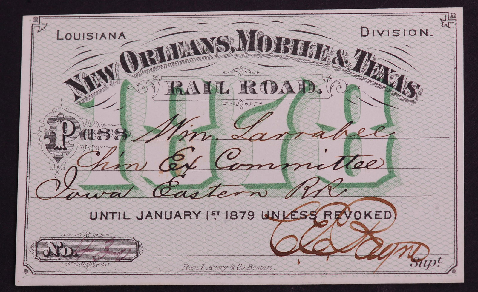 New Orleans, Mobile & Texas Railroad 1878 Annual Pass: New Orleans Mobile & Texas Railroad 1878 Annual Pass New Orleans Mobile & Texas Railroad 1878 Annual Pass. Number 460. Issued to Wm Larrabee who would later become the 13th Governor of Iowa. The pass 