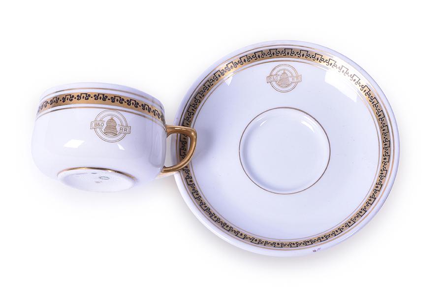 Baltimore & Ohio / B&O Railroad Capitol Pattern: Baltimore & Ohio / B&O Railroad Capitol Pattern Demitasse and Saucer Baltimore & Ohio / B&O Railroad Capitol pattern demitasse and saucer. Made by Shenango. Saucer measures 4 13/16" and is marked 12-2