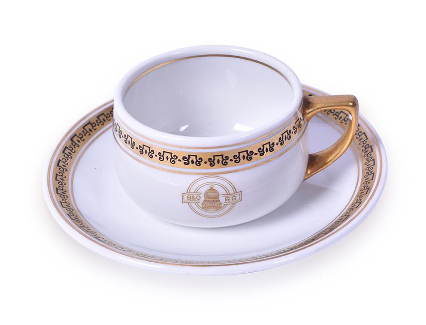 Baltimore & Ohio / B&O Railroad Capitol pattern: Baltimore & Ohio / B&O Railroad Capitol pattern demitasse and saucer Baltimore & Ohio / B&O Railroad Capitol pattern demitasse and saucer. Made by Shenango. Saucer measures 4 13/16" and is marked 8-27