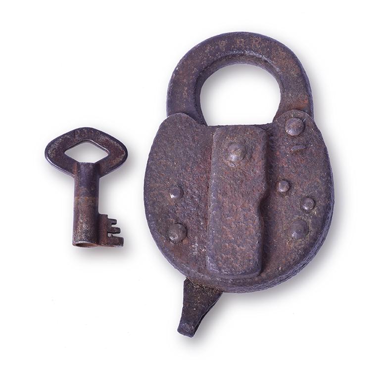 Pennsylvania Railroad Lock w/ Key: Pennsylvania Railroad Lock w/ Key Pennsylvania Railroad Lock w/ Key. Clasp of the lock stamped with PRR. The key is marked with serial number P084. Lock is functional but the body has moderate pitting