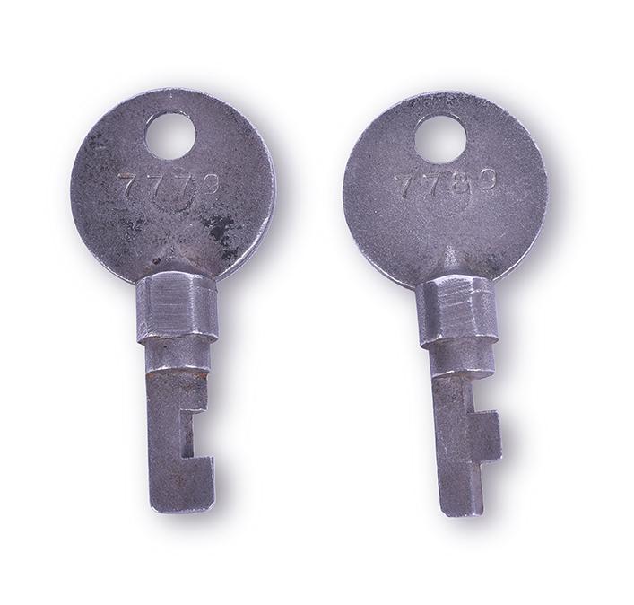 Pair of Railroad Locomotive Lock Keys: Pair of Railroad Locomotive Lock Keys Pair of Railroad Locomotive Lock Keys. Embossed w/ 104 and 109 respectively.