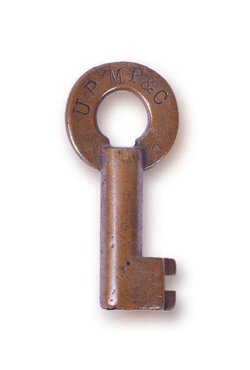 Union Pacific Motive Power & Car Brass Railroad Key: Union Pacific Motive Power & Car Brass Railroad Key Union Pacific Motive Power & Car Brass Railroad Key. Stamped UP MP & C on the front in serif lettering. No additional markings. One letter shows lig
