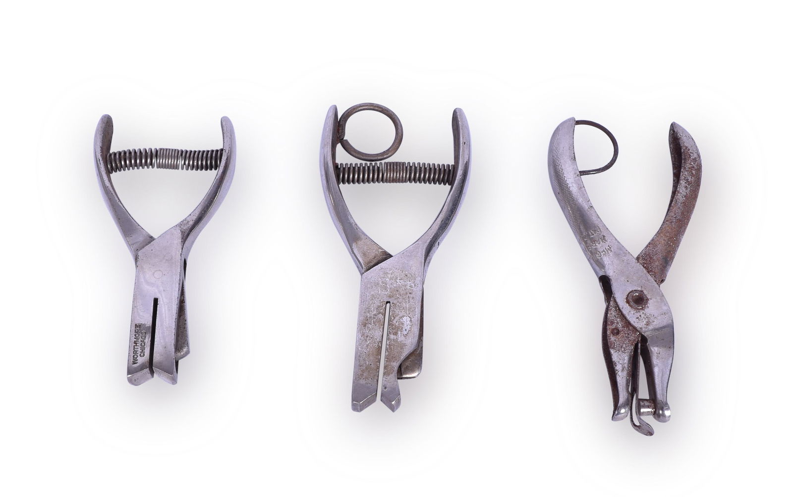 Three Railroad Ticket Punches - McGill and Worthmore: Three Railroad Ticket Punches - McGill and Worthmore Group of Three Railroad Ticket Punches. Includes McGill which punches what appears to be "BE", McGill with a standard round hole punch, and a Worth