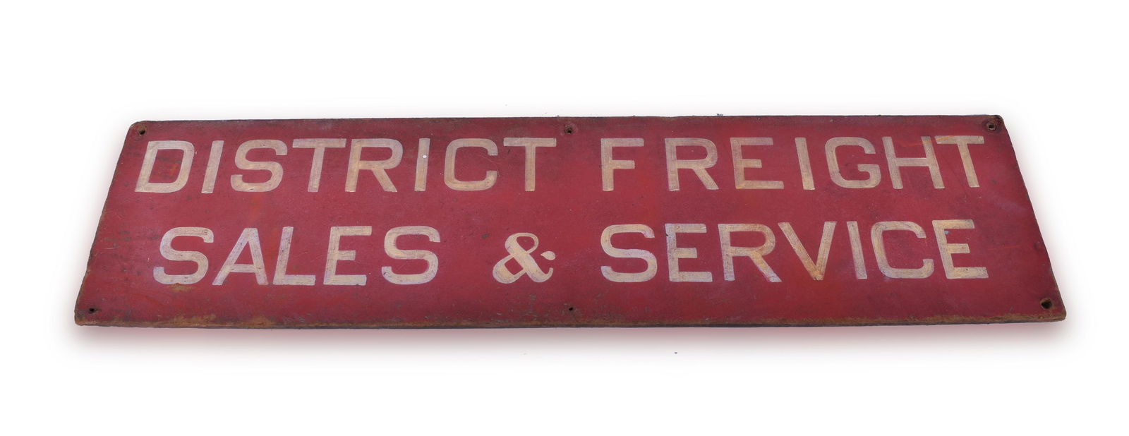 District Freight Sales & Service Masonite Railroad Sign: District Freight Sales & Service Masonite Railroad Sign District Freight Sales & Service Masonite Railroad Sign. Measures 25 1/2 x 6 1/2. Some wear at the corners and dirt from age. Mounting holes are