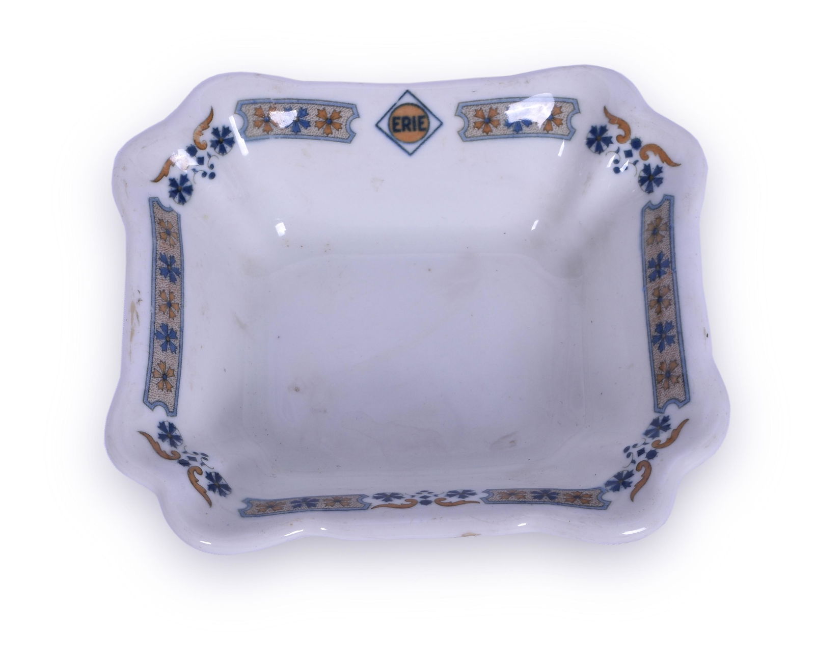 Erie Railroad Susquehanna China Pattern Rectangular: Erie Railroad Susquehanna China Pattern Rectangular Bowl Erie Railroad Susquehanna China Pattern Rectangular Bowl. Measures 5" x 4 1/4". Light stains and wear marks. Buffalo china makers mark on the r
