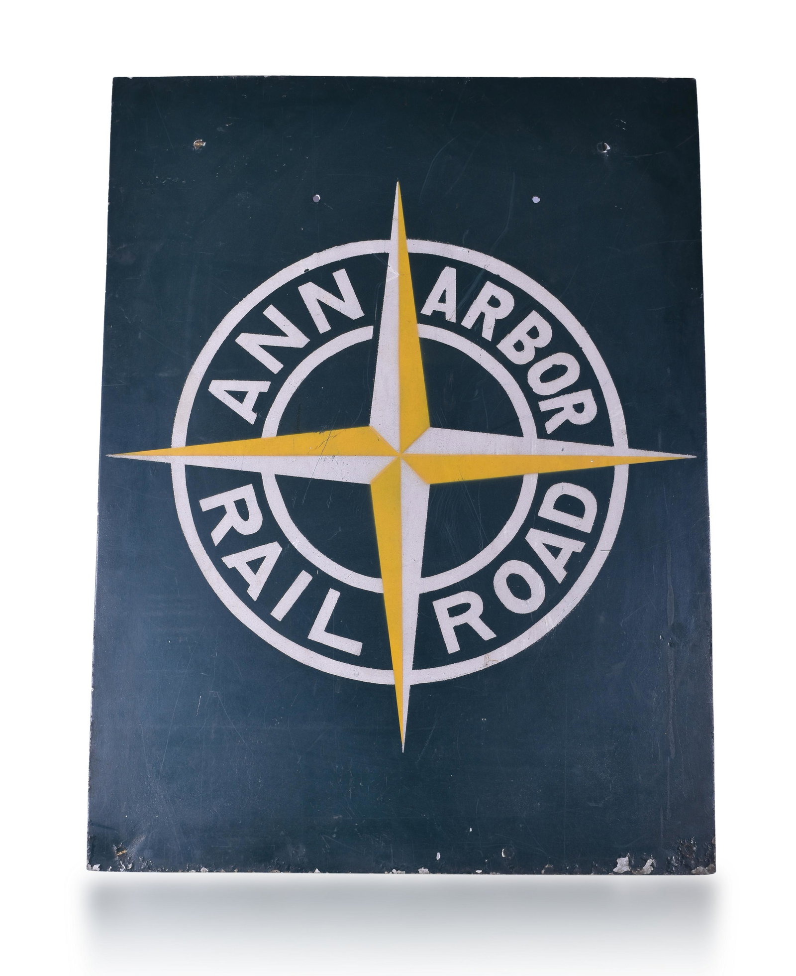 Ann Arbor Railroad Steel Sign: Ann Arbor Railroad Steel Sign Ann Arbor Railroad Steel Sign. Painted steel sign measuring 24 5/8" x 33 1/8" Minor chipping at the lower edge of the sign. Unique mounting on the rear with a combination