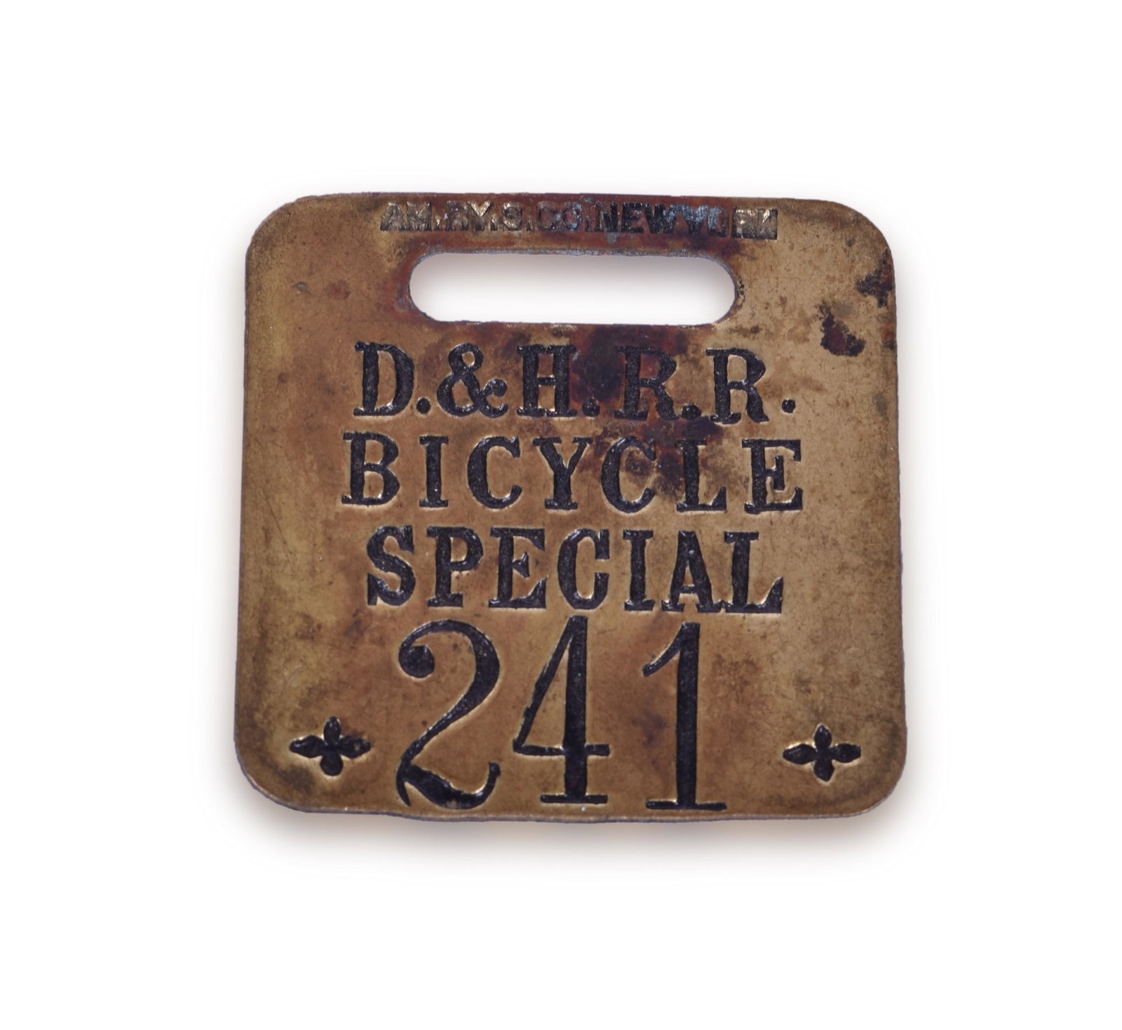 Delaware and Hudson Railroad Bicycle Special Luggage: Delaware and Hudson Railroad Bicycle Special Luggage Tag Delaware and Hudson Railroad Bicycle Special Luggage Tag. Luggage tag measures 1 3/8" square and reads D.&H. R.R. Bicycle Special *241* Tag has