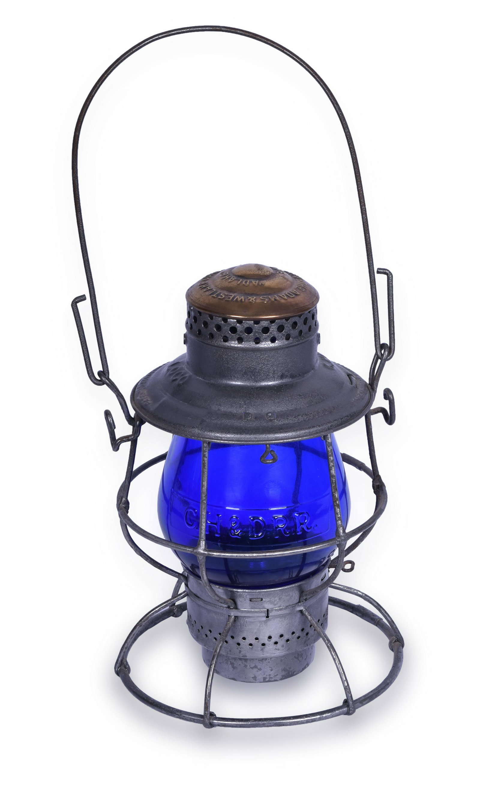 Cincinnati, Hamilton & Dayton Railway Adlake Brass Top: Cincinnati, Hamilton & Dayton Railway Adlake Brass Top Locomotive Lantern w/ Blue Cast Globe Cincinnati, Hamilton & Dayton Railway Adlake Brass Top Locomotive Lantern w/ Blue Cast Globe. The lantern i
