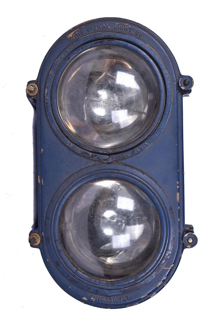 MARS Signal Company Diesel Locomotive Headlight: MARS Signal Company Diesel Locomotive Headlight MARS Diesel Locomotive Headlight. Painted in blue paint but shows traces of yellow and black paint underneath. The mechanism appears to be complete. Mea