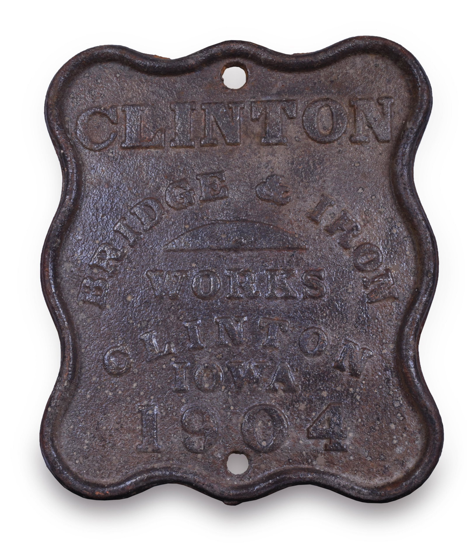 Clinton Bridge & Iron Works - 1904 Builders Plate: Clinton Bridge & Iron Works - 1904 Builders Plate Clinton Bridge & Iron Works - 1904 Builders Plate. Measures 11 1/4" x 13 1/4". Reads, "Clinton Bridge & Iron Works Clinton Iowa 1904". See photos for 