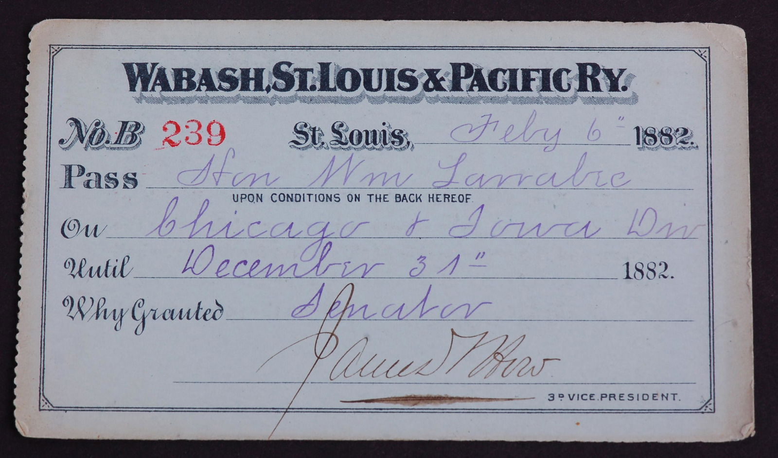Wabash, St. Louis & Pacific Railroad 1882 Annual Pass (1 of 2)