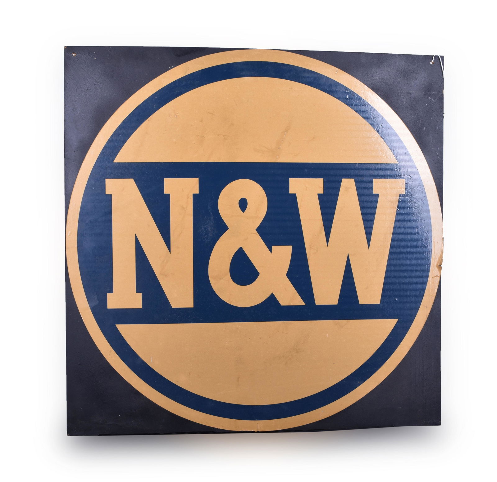 Norfolk and Western Railroad "Hamburger" Reflective: Norfolk and Western Railroad "Hamburger" Reflective Decal Mounted to Masonite Decal measures 24" in diameter and has two small 1/2" tears at the right edge. Decal has light wear and is likely new old
