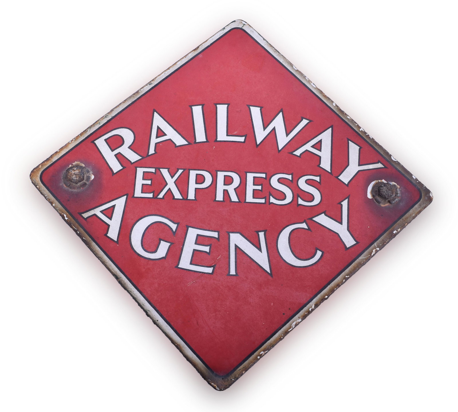 Porcelain Railway Express Agency Baggage Cart End Sign: Porcelain Railway Express Agency Baggage Cart End Sign Sign measures 11" x 11" and is a porcelain sign bolted to a steel backing plate which was attached to the end of the baggage car. The plate is cl