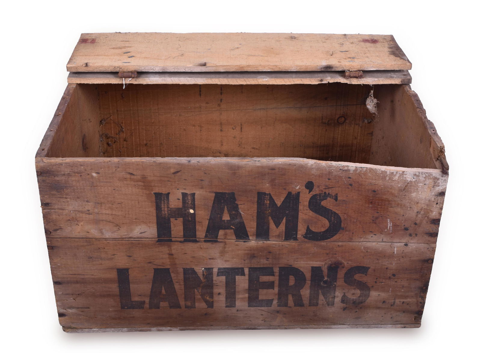C.T. Ham Lantern Wooden Shipping Crate for No. 22 Cold: C.T. Ham Lantern Wooden Shipping Crate for No. 22 Cold Blast Lanterns Crate measures 17" x 21 1/2" x 12". Crate is missing one section of the lid. The stampings on the ends of the crate are difficult