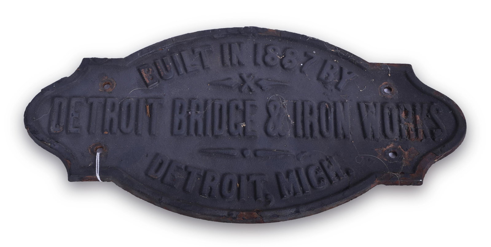 Detroit Bridge & Iron Works 1897 Builders Plate: Detroit Bridge & Iron Works 1897 Builders Plate Plate measures 15 1/2" by 7 1/2" Reads, " Built in 1887 by Detroit Bridge & Iron Works Detroit Michigan". Some rust on the back of the plate and paint l