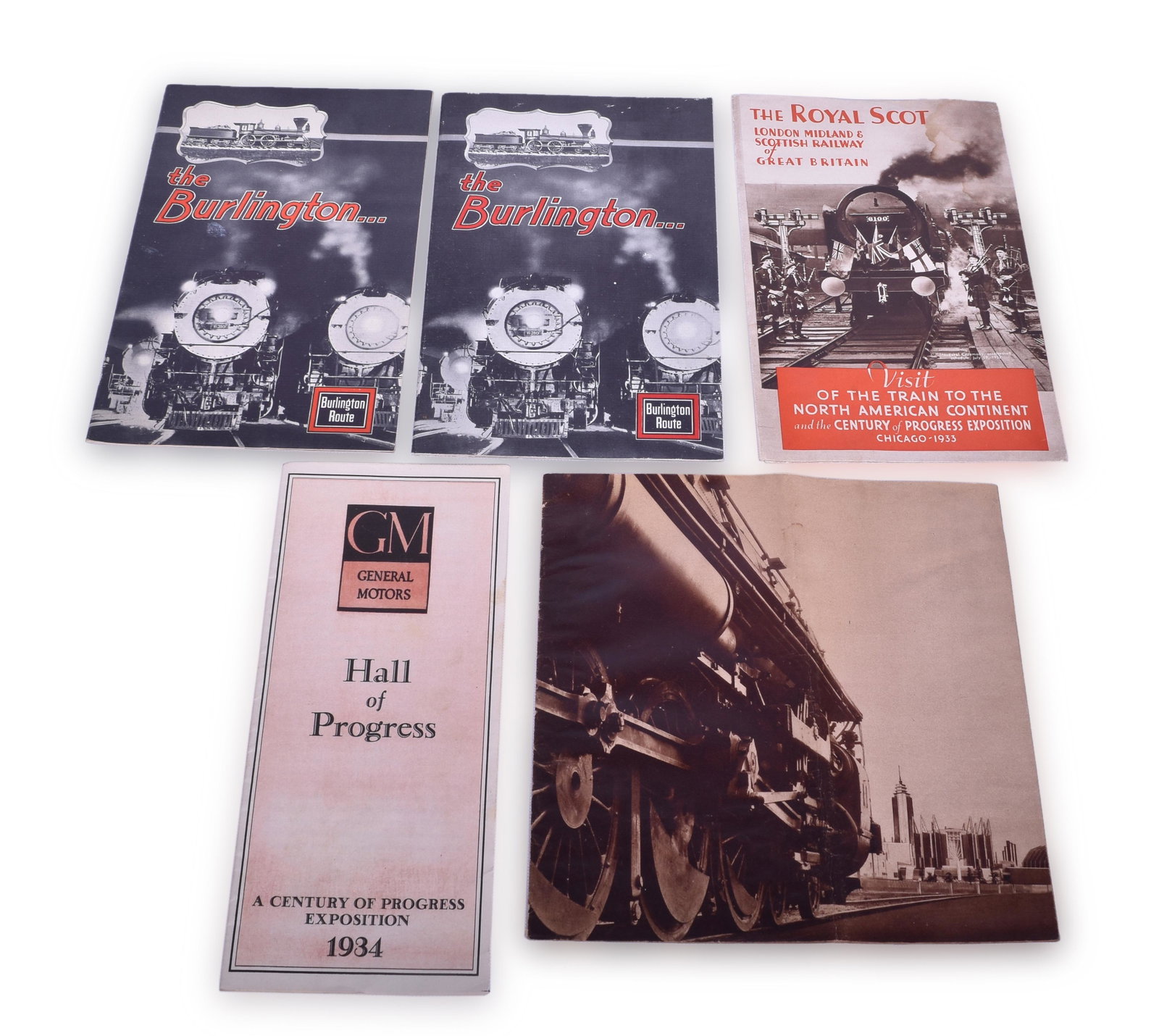 Group of 1933-1934 Chicago Century of Progress Railroad: Group of 1933-1934 Chicago Century of Progress Railroad Paper- Illinois Central, Burlington General Motors, The Royal Scott. Group includes Illinois Central brochure w/ center crease and very faint st