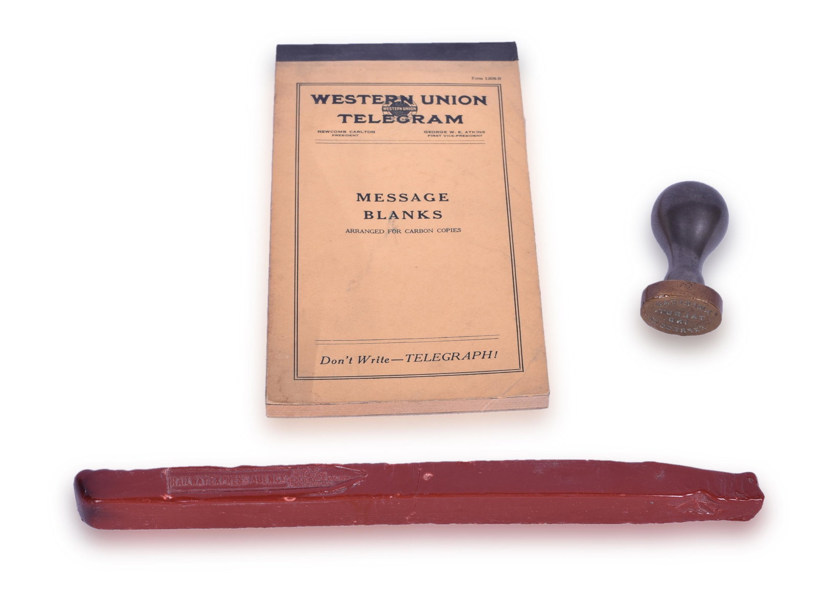 American Express Co. - Talbot, Indiana Wax Sealer and: American Express Co. - Talbot, Indiana Wax Sealer and Railway Express Agency Wax Stick, Plus Western Union Telegram Book - Talbot Indiana Wax sealer has some light nicks in the field, but is legible. 