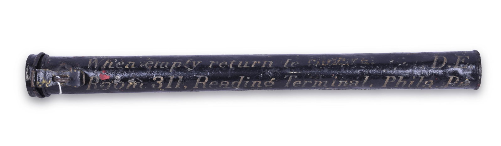 Reading Terminal Philadelphia Reusable Metal Mailing: Reading Terminal Philadelphia Reusable Metal Mailing Tube Tube measures 1 1/2" in diameter and 18" tall. The tube is has the following information written on it, " When empty return to Phila, Pa. D.E.