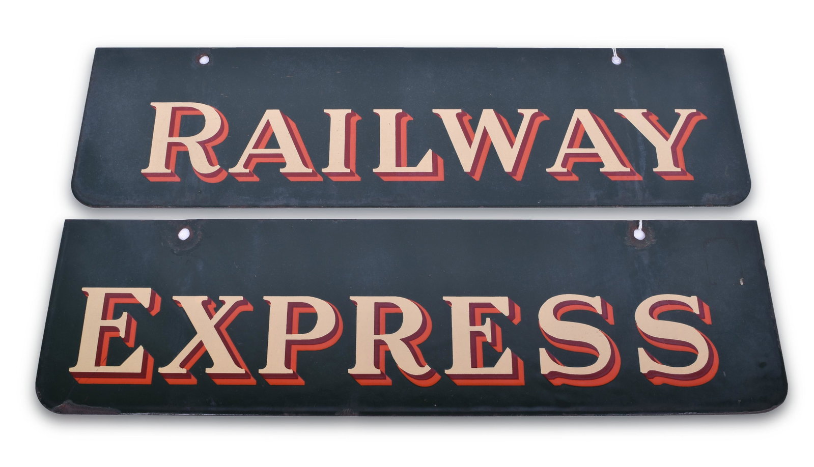 Railway Express Porcelain Sign Pair: Railway Express Porcelain Sign Pair Pair of Railway Express Agency porcelain signs. Each sign measures 20" x 5 7/8" One sign reads Railway and the other Express both with two bolt holes. The signs are