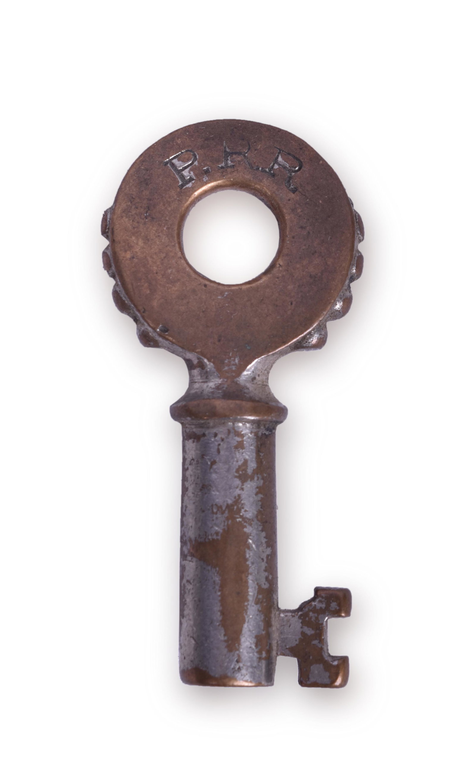 Pennsylvania Railroad Fraim Knobby Hilt Key w/ Serial: Pennsylvania Railroad Fraim Knobby Hilt Key w/ Serial Number and "N" stamping. Stamped PRR on the front with Fraim makers mark, serial number 948, and "N" stamped on the reverse. Key does show pocket 