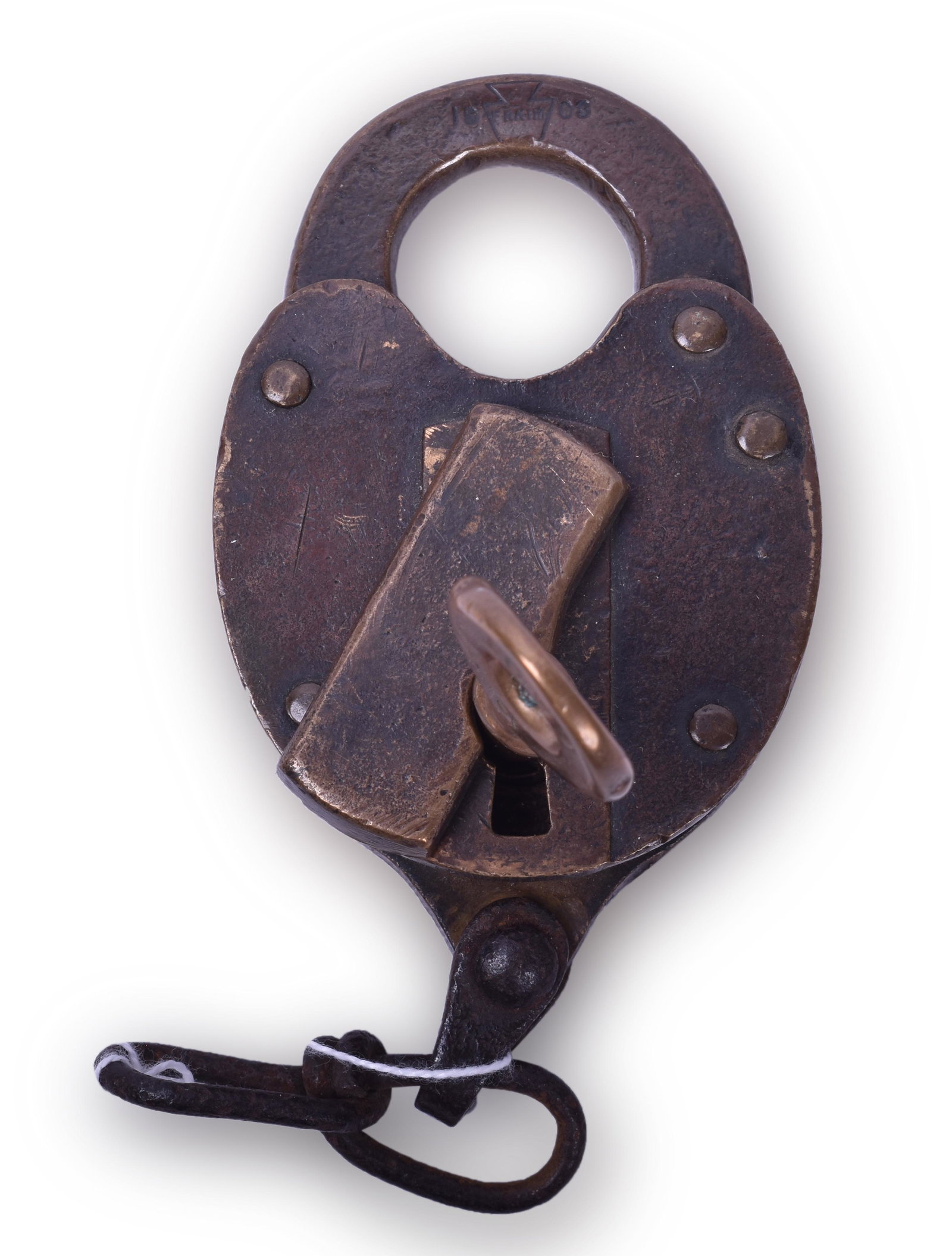 Fraim Pennsylvania Railroad Fancy Cast Heart Shaped: Fraim Pennsylvania Railroad Fancy Cast Heart Shaped Brass Lock w/ Knobby Hilt Key Fancy brass cast lock with PRR Co which appears as RPR Co. when looking at the lock. Shackle is stamped with the Fraim