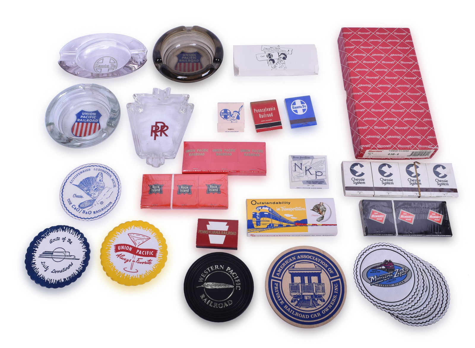 Group of Railroad Glass Ash Trays, Matches, and Drink (1 of 6)