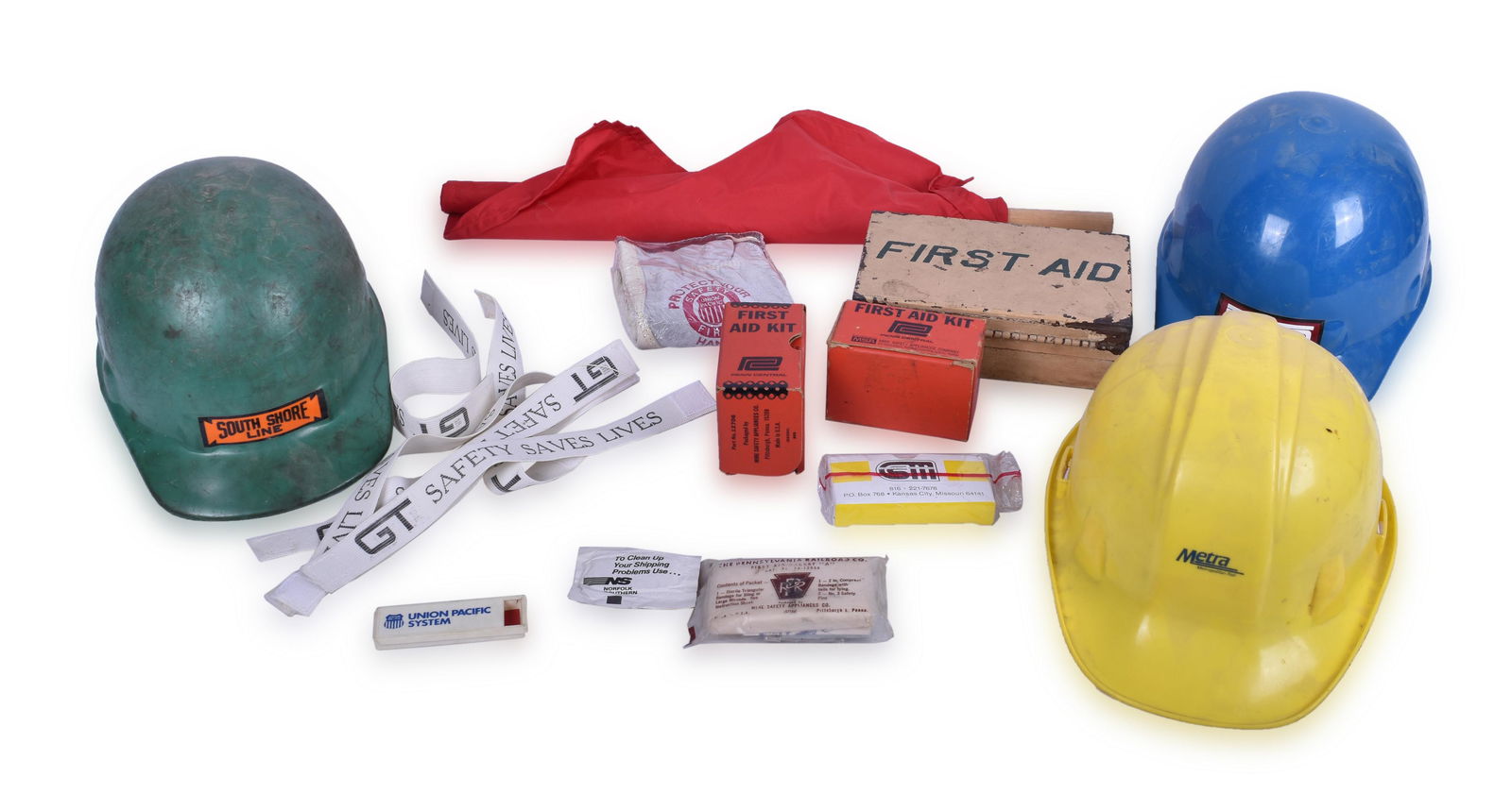 Group of Railroad Hard Hats, First Aid Kits, and Other (1 of 2)