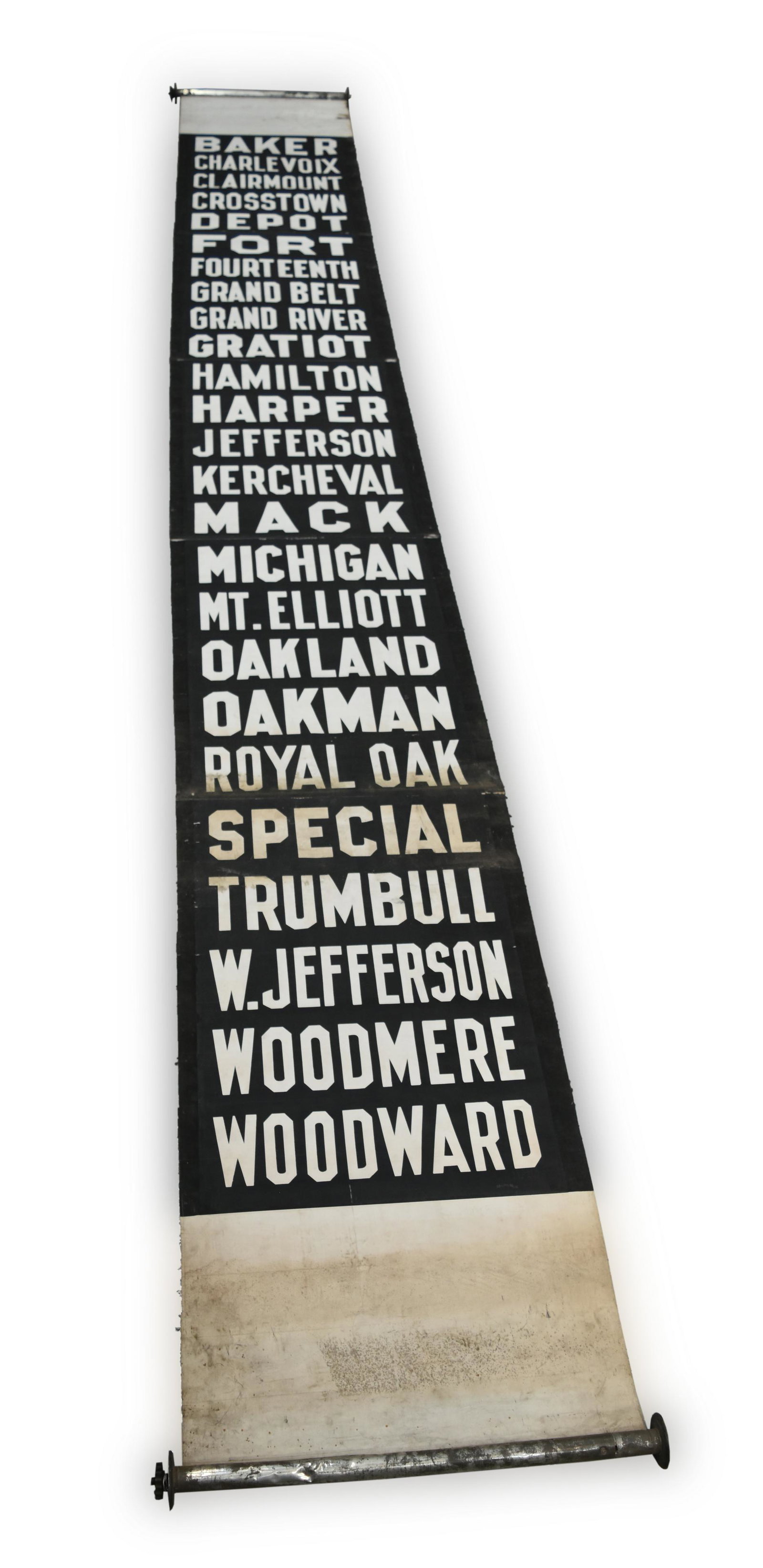 Detroit Michigan Bus Destination Roll - Baker to: Detroit Michigan Bus Destination Roll - Baker to Woodward - Twenty five destinations Roll shows a few spots of light dirt and wear, but otherwise the roll has bright and clean destinations with the ex