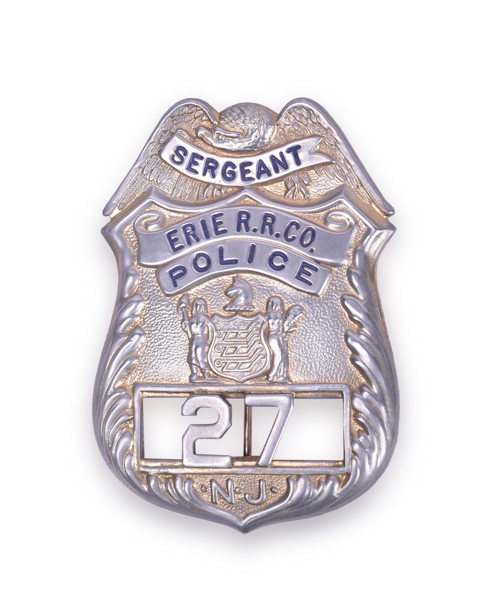 Erie Railroad Police Sergeant Badge - New Jersey: Erie Railroad Police Sergeant Badge - New Jersey At one time the badge was gold finish with navy blue filled lettering. The gold finish has faded on the front of the badge, but is still present on the