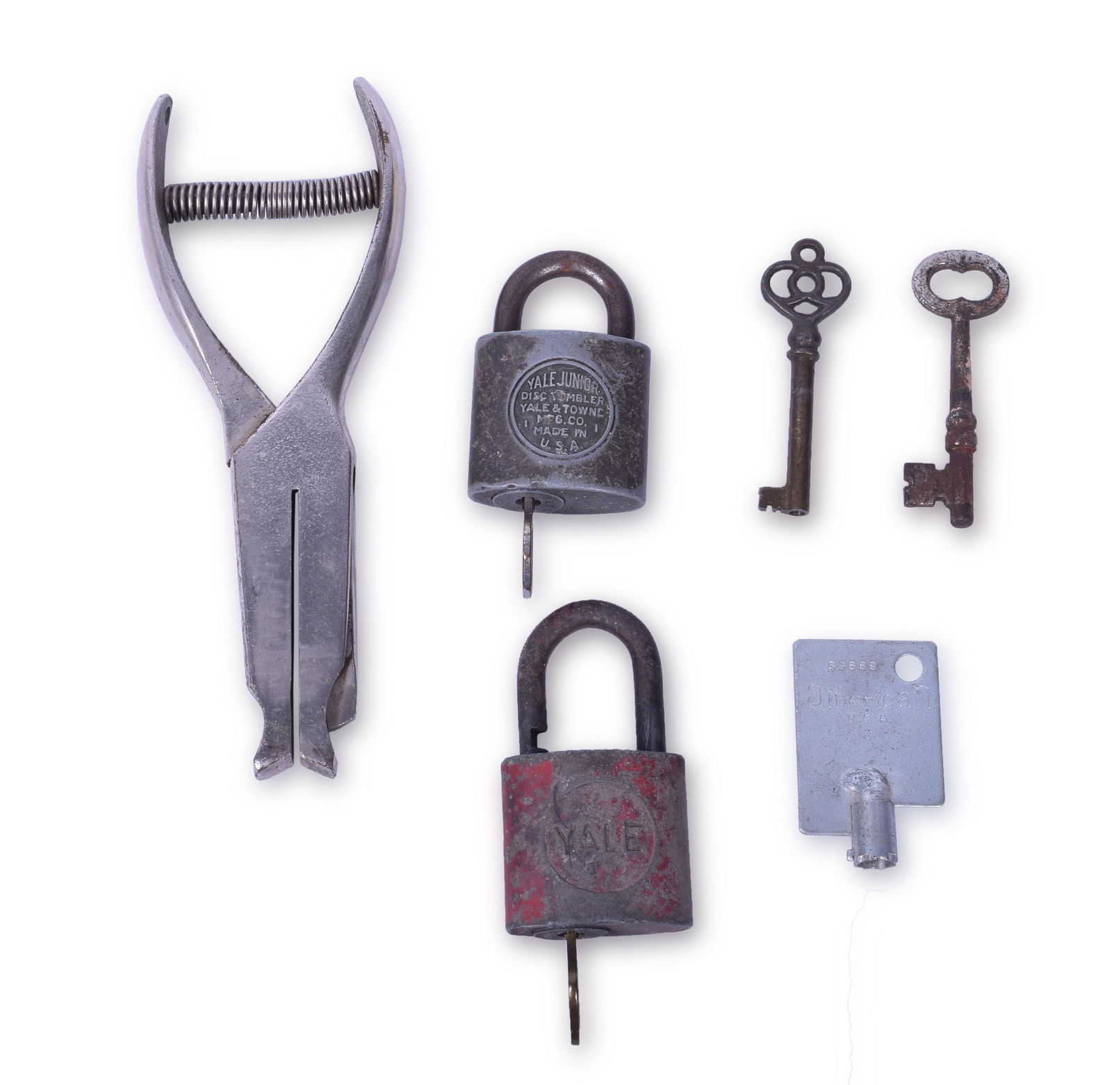 Railroad Ticket Punch, Yale Junior Locks, Norfolk and: Railroad Ticket Punch, Yale Junior Locks, Norfolk and Western Key, etc. Includes ticket punch stamped repaired, two Yale Junior locks with keys (one cast with circle Yale, and the other with Yale Juni