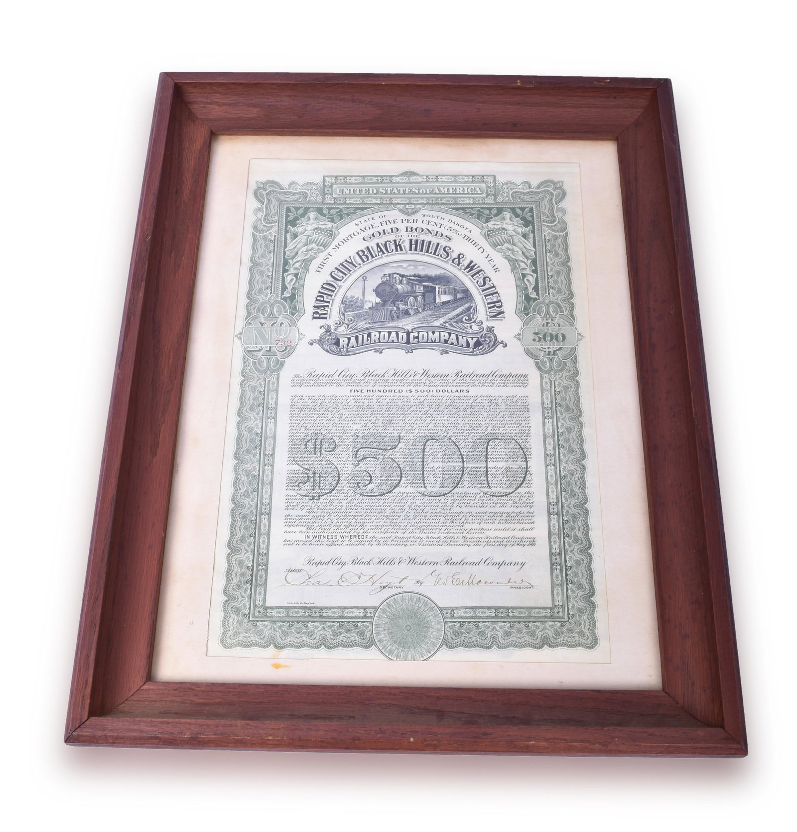 Framed Rapid City, Black Hills & Western Railroad: Framed Rapid City, Black Hills & Western Railroad Company $500 Gold Bond From 1909 Bond # 732 , First Mortgage, 5%, $500 gold bearer bond, issued May 1, 1909, due May 1, 1939. Signed by the Secretary 