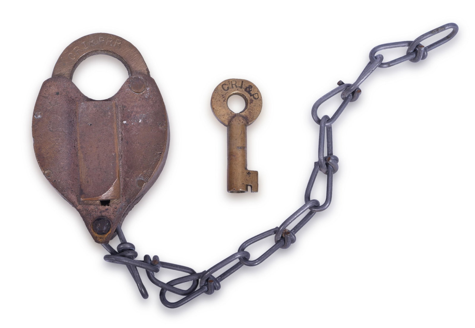 Hansl Manufacturing Rock Island Brass Heart Shaped Lock: Hansl Manufacturing Rock Island Brass Heart Shaped Lock w/ Key Lock shackle stamped with CRI&PRR on the front with HANSL MFG CO stamped on the reverse. Includes Adlake marked key with serial number 57
