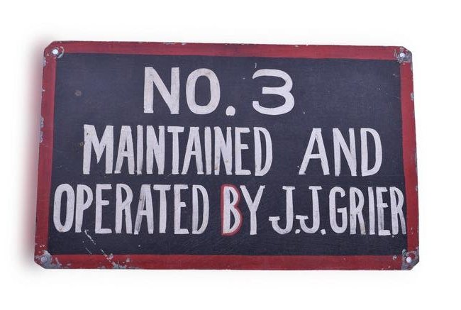 CB&Q / Burlington Railroad J.J. Grier Painted Metal: CB&Q / Burlington Railroad J.J. Grier Painted Metal Sign Sign reads, "NO.3 Maintained and Operated by J.J. Grier". Sign measures 8" x 5" and is hand painted. J.J. Grier was the hotel company that serv