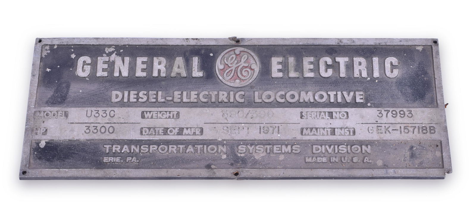 General Electric U33C Burlington Northern #5756: General Electric U33C Burlington Northern #5756 Builders Plate Locomotive started life as Burlington Northern #5756 which was retired in 1986. Plate has a build date of SEPT 1971. Serial number is 379