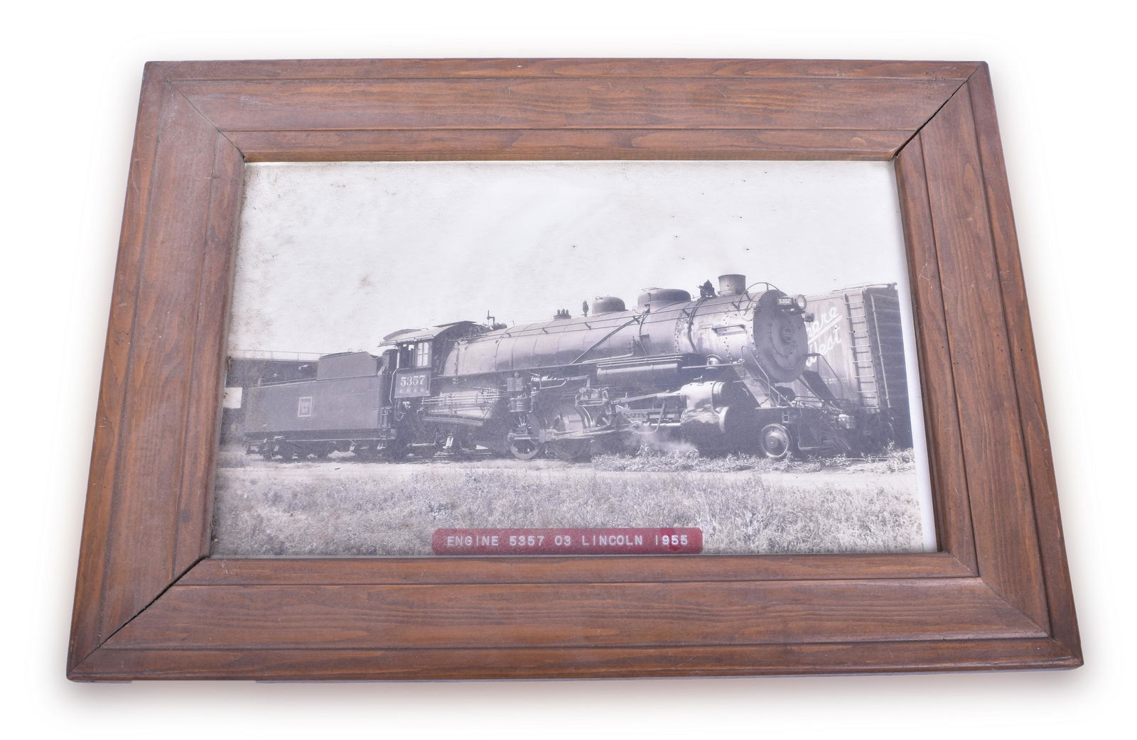 CB&Q / Burlington #5357 2-8-2 Steam Locomotive - Framed: CB&Q / Burlington #5357 2-8-2 Steam Locomotive - Framed 1955 Photograph - Lincoln, Nebraska Frame measures 18" x 13". Information written on the verso which dates the photo to 1955 in Lincoln, NE. The