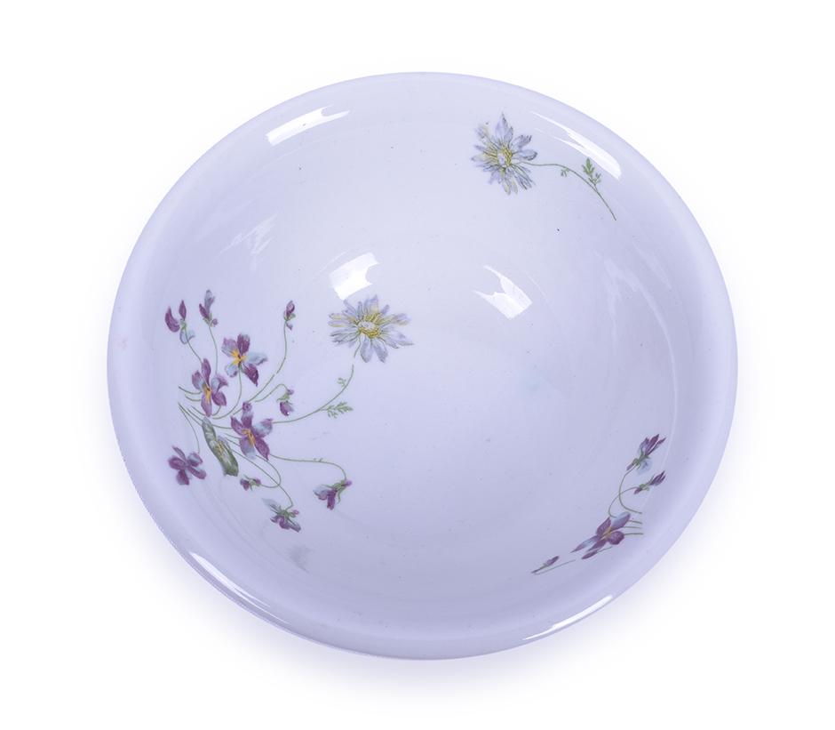CB&Q / Burlington Marked Violets & Daisies Buffalo: CB&Q / Burlington Marked Violets & Daisies Buffalo China - 7 1/8" Salad / Fruit Bowl Clean example, back stamped with Buffalo China Made For CB&Q RR. Date stamped E11. A few minor marks in the glaze, 