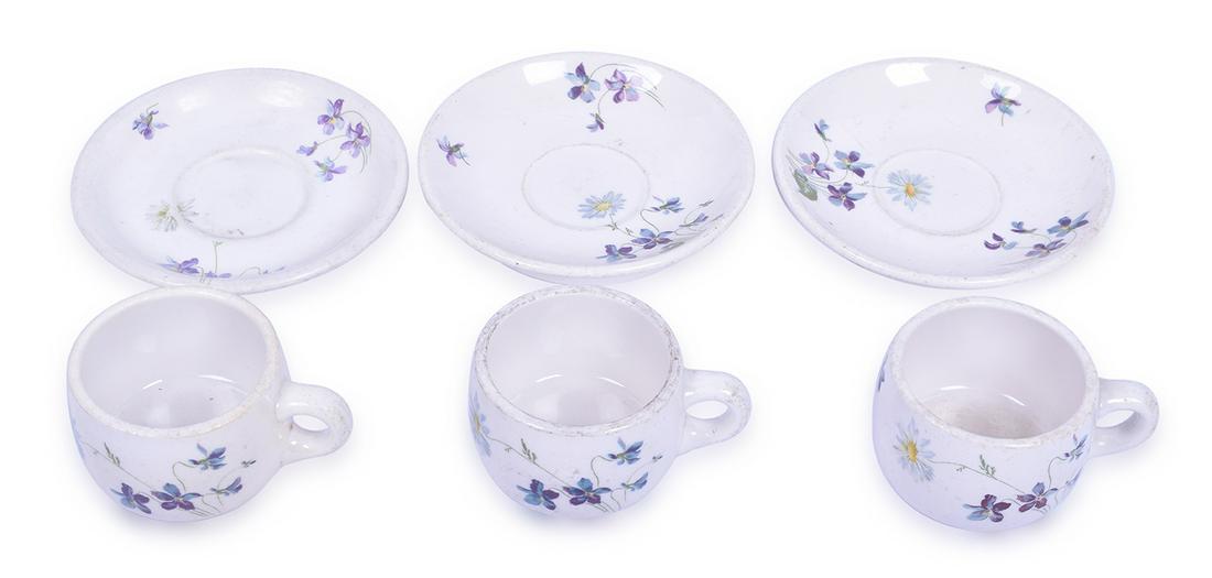 Six Syracuse and Shenango CB&Q Violets and Daisies: Six Syracuse and Shenango CB&Q Violets and Daisies Coffee Cups and Saucers Group includes three Syracuse cups marked 100-E and two marked 89. Wear and spotting on all three cups, but no chips, cracks,