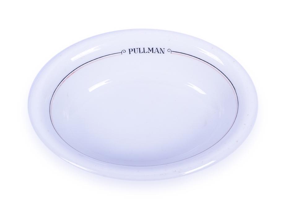 Pullman / Calumet Rosenthal 5 1/2" Oval Dish: Pullman / Calumet Rosenthal 5 1/2" Oval Dish Dish is nicely back stamped with 1924 date and supplied by Marshall Field & Co. Deco'd with black and red pinstripes, the red has faded. Overall the dish i