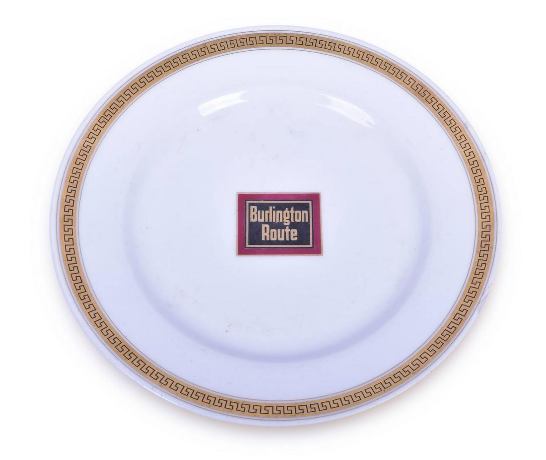 Bauscher Burlington / CB&Q Aristocrat 10 1/2" Plate: Bauscher Burlington / CB&Q Aristocrat 10 1/2" Plate Plate has a 1" chip on the lower right side that extends as far as the gold pin stripe. Plate is back stamped Bauscher 1929. A few minor utensil mar